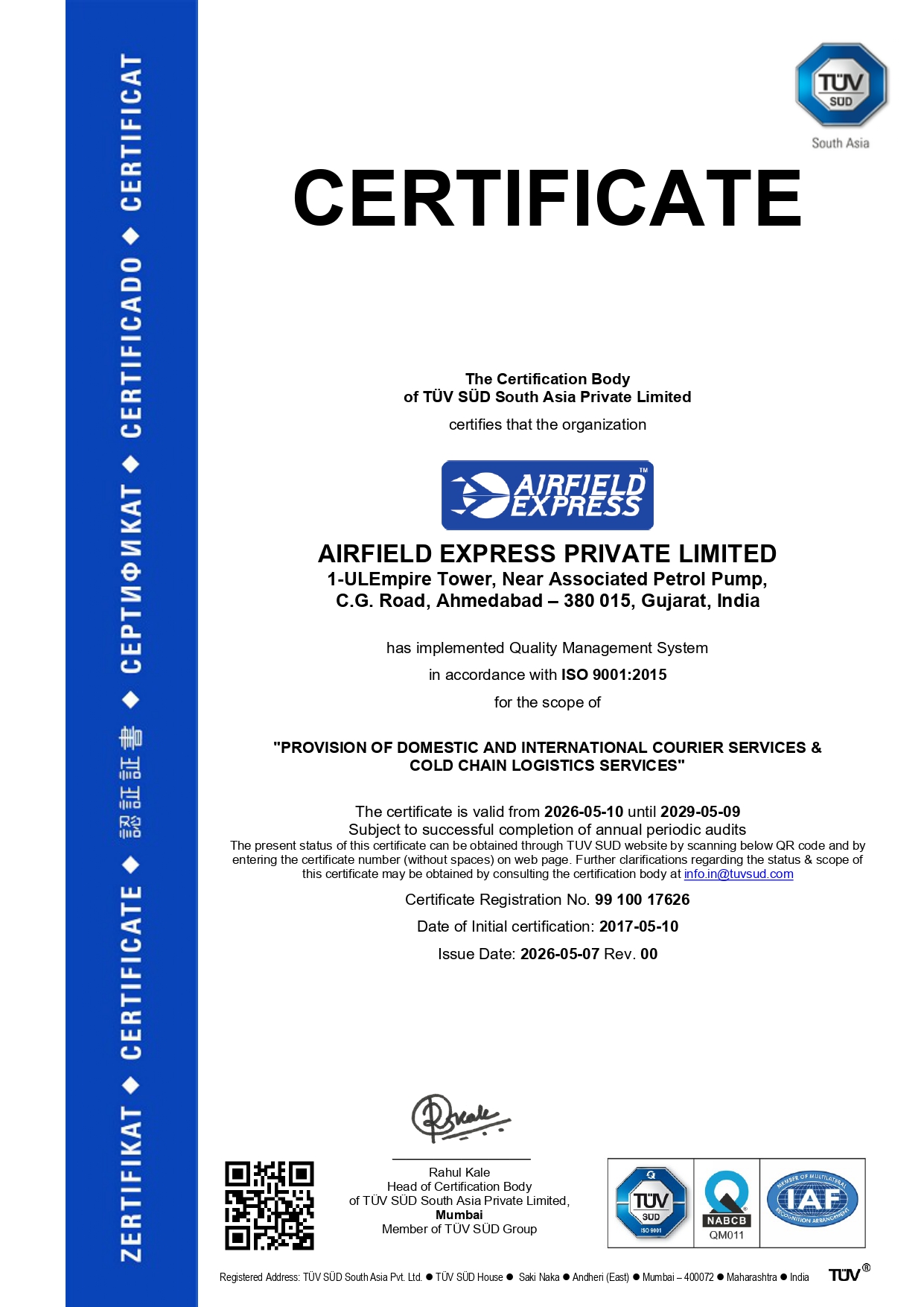ISO 9001:2015 Certificate — Airfield Express